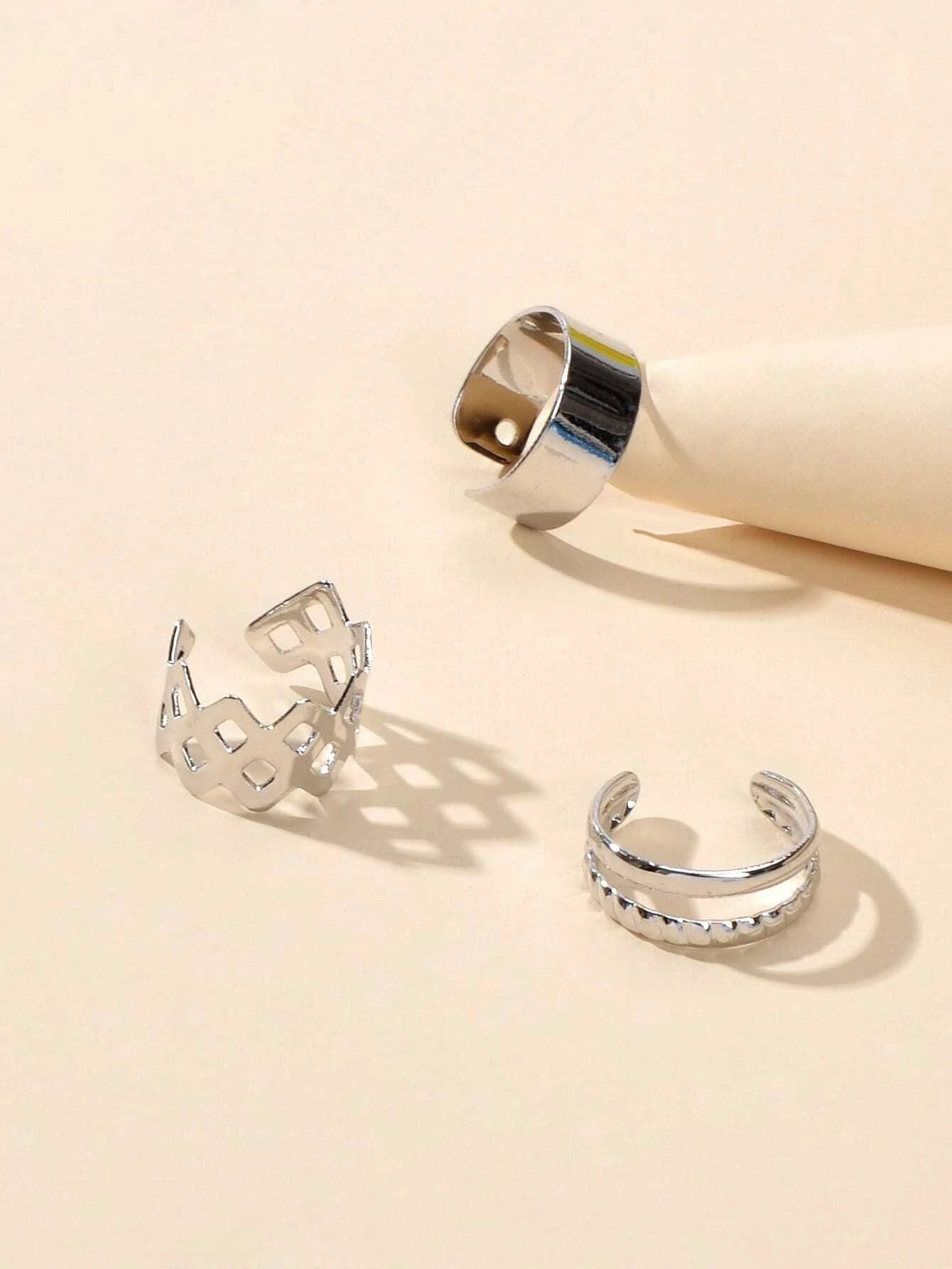 3 pcs Rock Style Silver Geometric Ear Cuff Earrings set Teens Clip on Jewellery-3