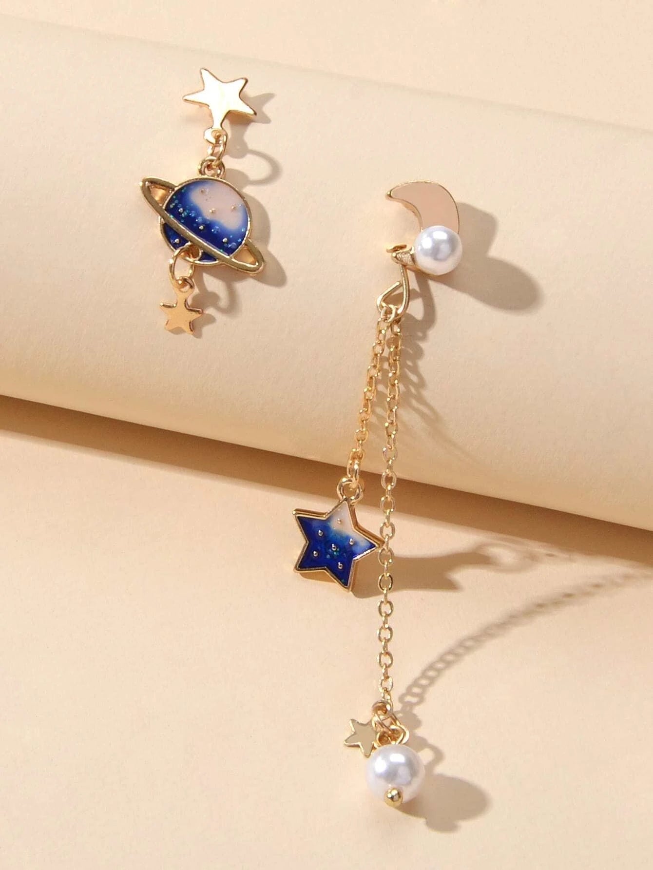Asymmetric Pearl Star Planet Gold Chain Dangle Pierced Designer Jewelry Earrings-3