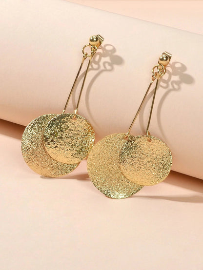 Gold Color Metal Geometric Drop Earrings Ear Jacket Stunning Disc Stud Jewellery-3