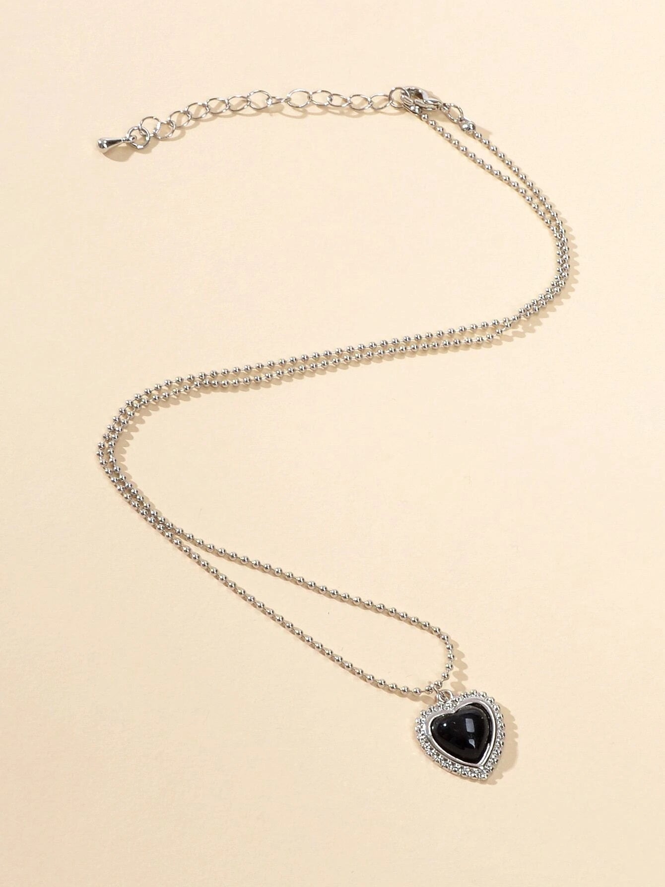 Silver Ball Chain Black Love Heart Pendant Necklace Textured Collar Jewellery-3