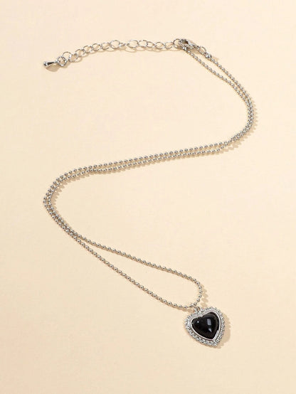 Silver Ball Chain Black Love Heart Pendant Necklace Textured Collar Jewellery-3