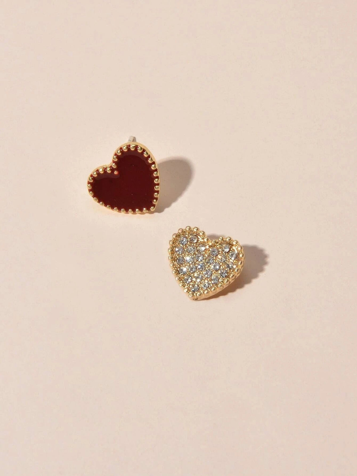 Full Rhinestone Red Enamel Heart Asymmetric Stud Gift Earrings For Women Teens-3