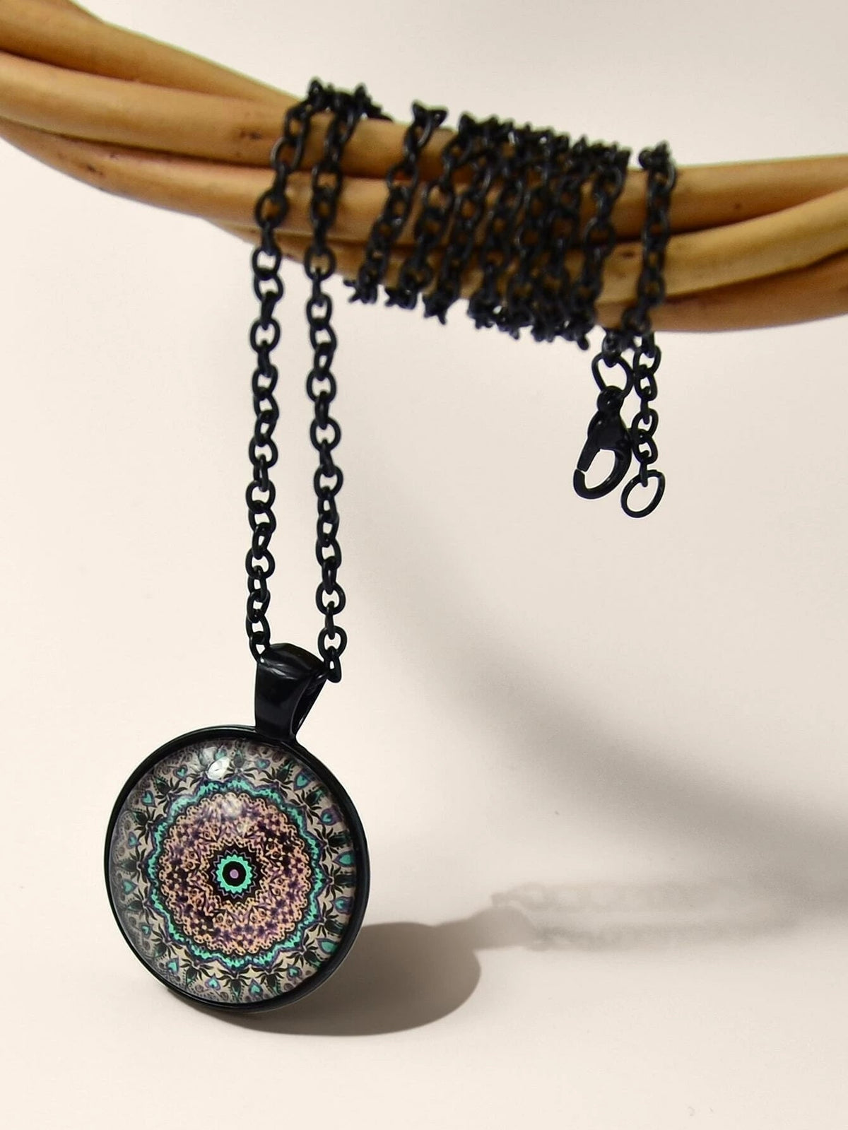 Retro Jewellery Ethnic Black Chain Geometric Mandala Round Pendant Boho Necklace-3