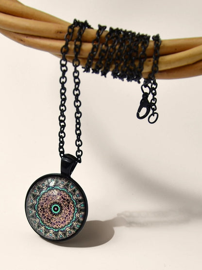 Retro Jewellery Ethnic Black Chain Geometric Mandala Round Pendant Boho Necklace-3