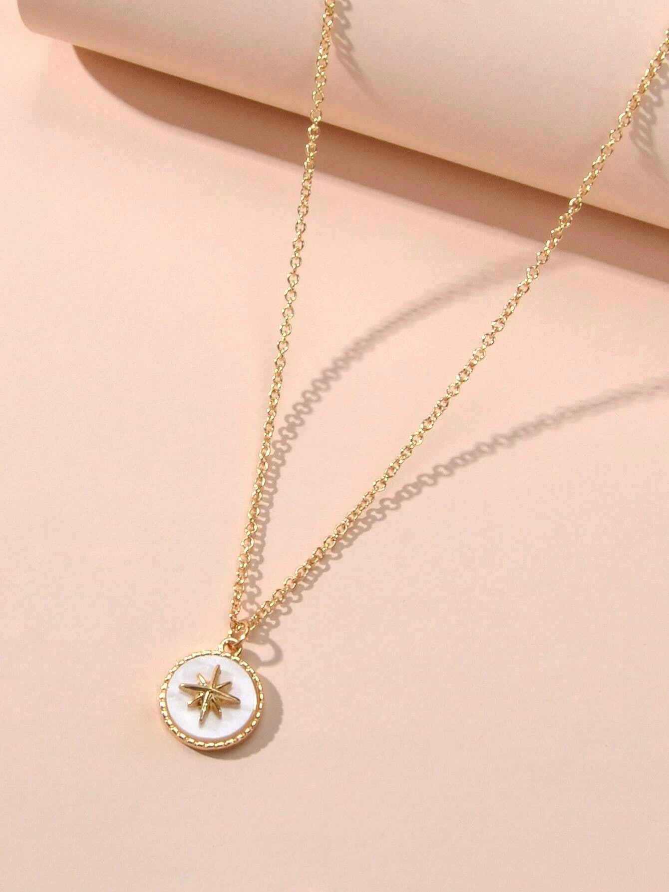 Gold Star White Round Charm Necklace Girl's Party Gift Starlights Disc Jewellery-3