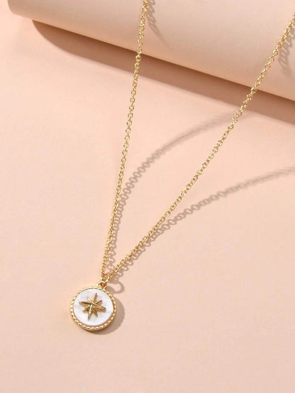 Gold Star White Round Charm Necklace Girl's Party Gift Starlights Disc Jewellery-3