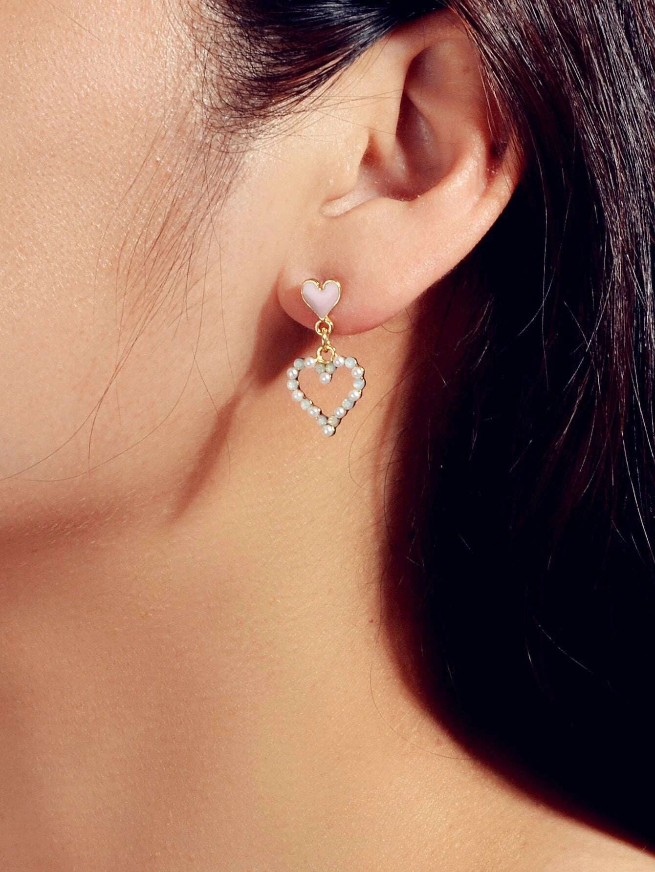 Personality Pink Enamel Pearl Heart Drop Earrings Dainty Gifts for Women Girls-3