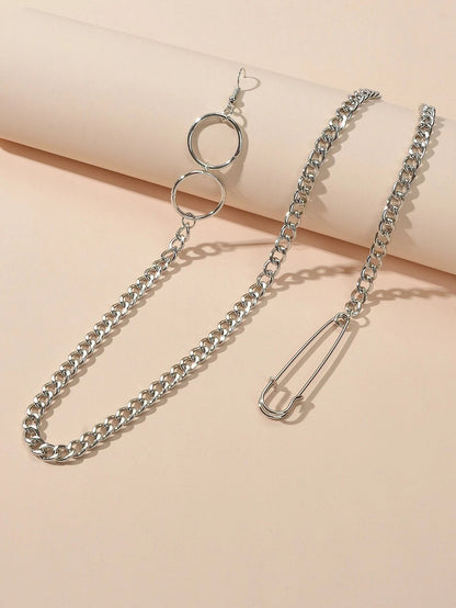 1pc Hiphop Punk Jewellery Rock Silver Long Tassel Chain Safety Pin Drop Earrings-3