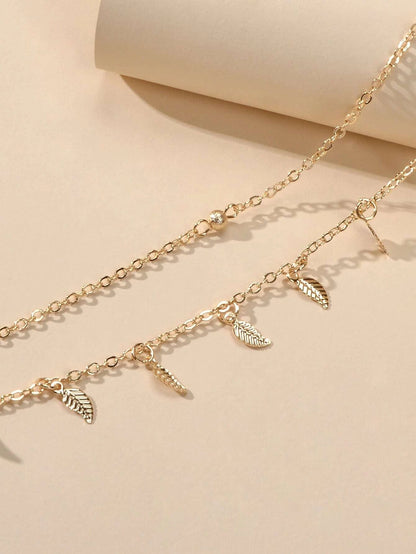 Double layer Chain Leaf Anklet Boho Chic Bracelet Holiday Foot Beach Jewellery-3