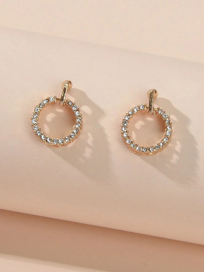 Luxurious Jewellery Stunning Rhinestone Decor Gold Circle Stud Women Earrings-3