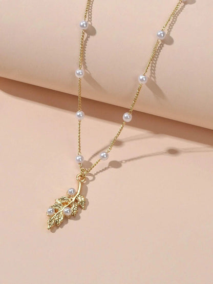 Feelontop Fashion Jewellery Pearl Gold Leaf Pendant Necklace Women Accessories-3