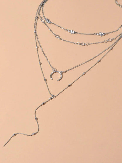 Tribal Ethnic Multi-layer Silver Chain Horns Pendant Necklace Boho Chic Jewelry-3