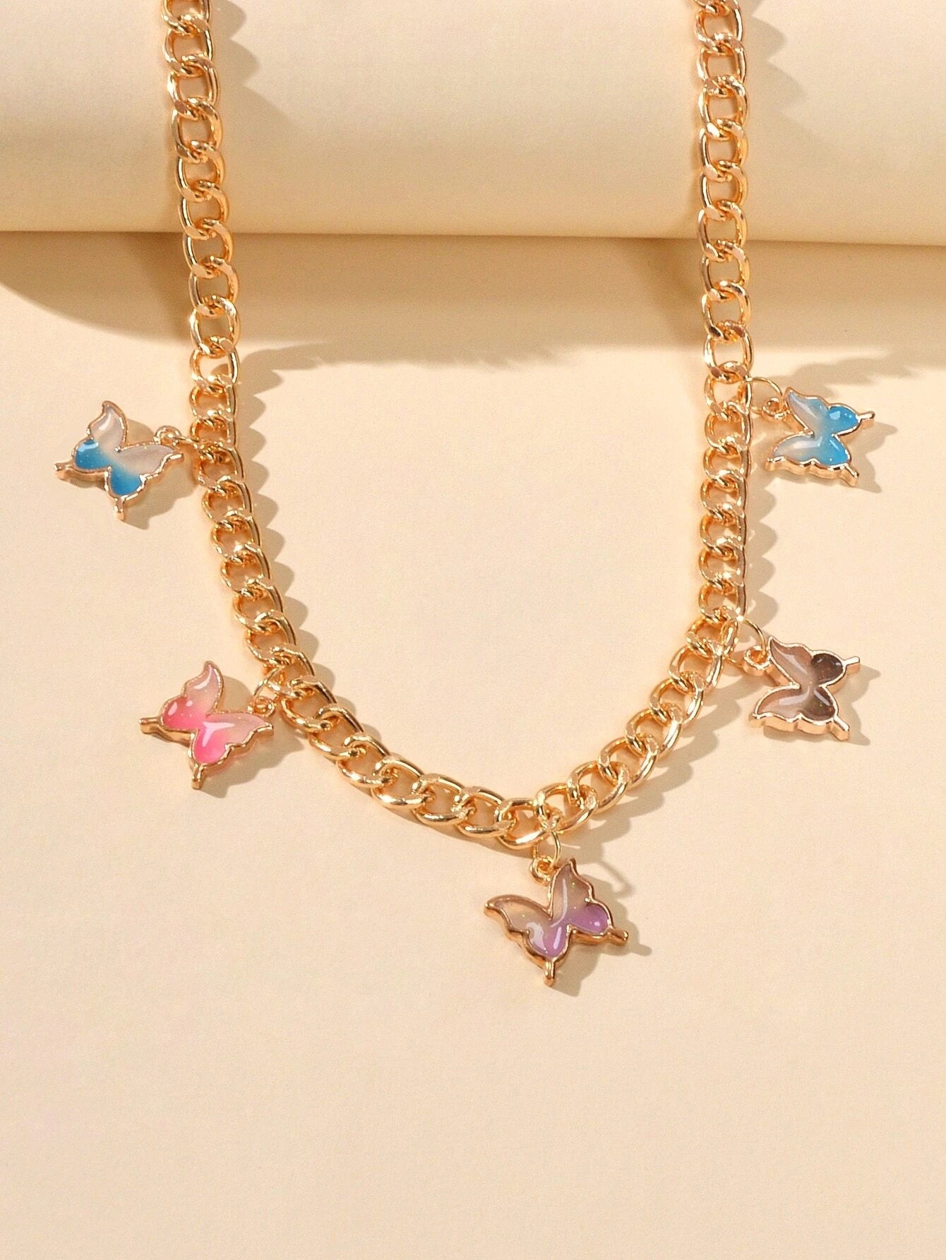 Hip Hop Colorful Enamel Bling Butterfly Charm Necklace Clavicle Chain Choker-3
