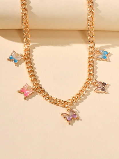 Hip Hop Colorful Enamel Bling Butterfly Charm Necklace Clavicle Chain Choker-3