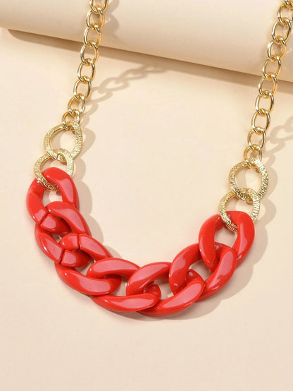 Punk Jewellery Gold Chain Red Acrylic Lock Statement Collar Necklace Accessories-3
