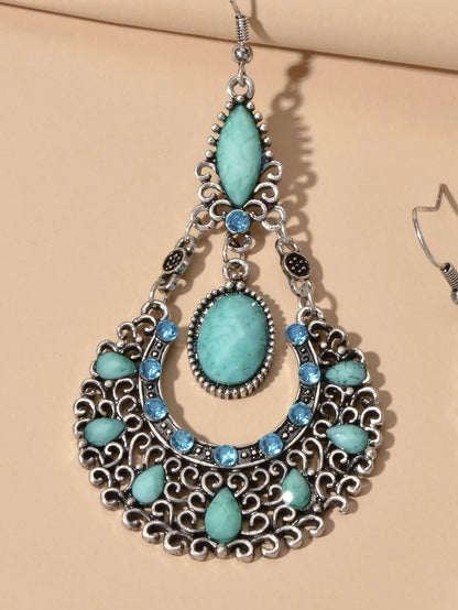Bohemian Tribal Ethnic Antique Silver Rhinestone Hollow Water Drop Chic Earrings-4
