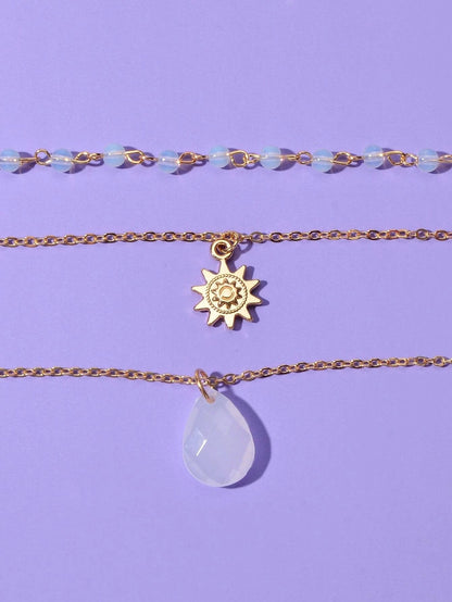 Triple Chain Star Water Drop Beads Necklace Creative Handmade Dainty Jewellery-3