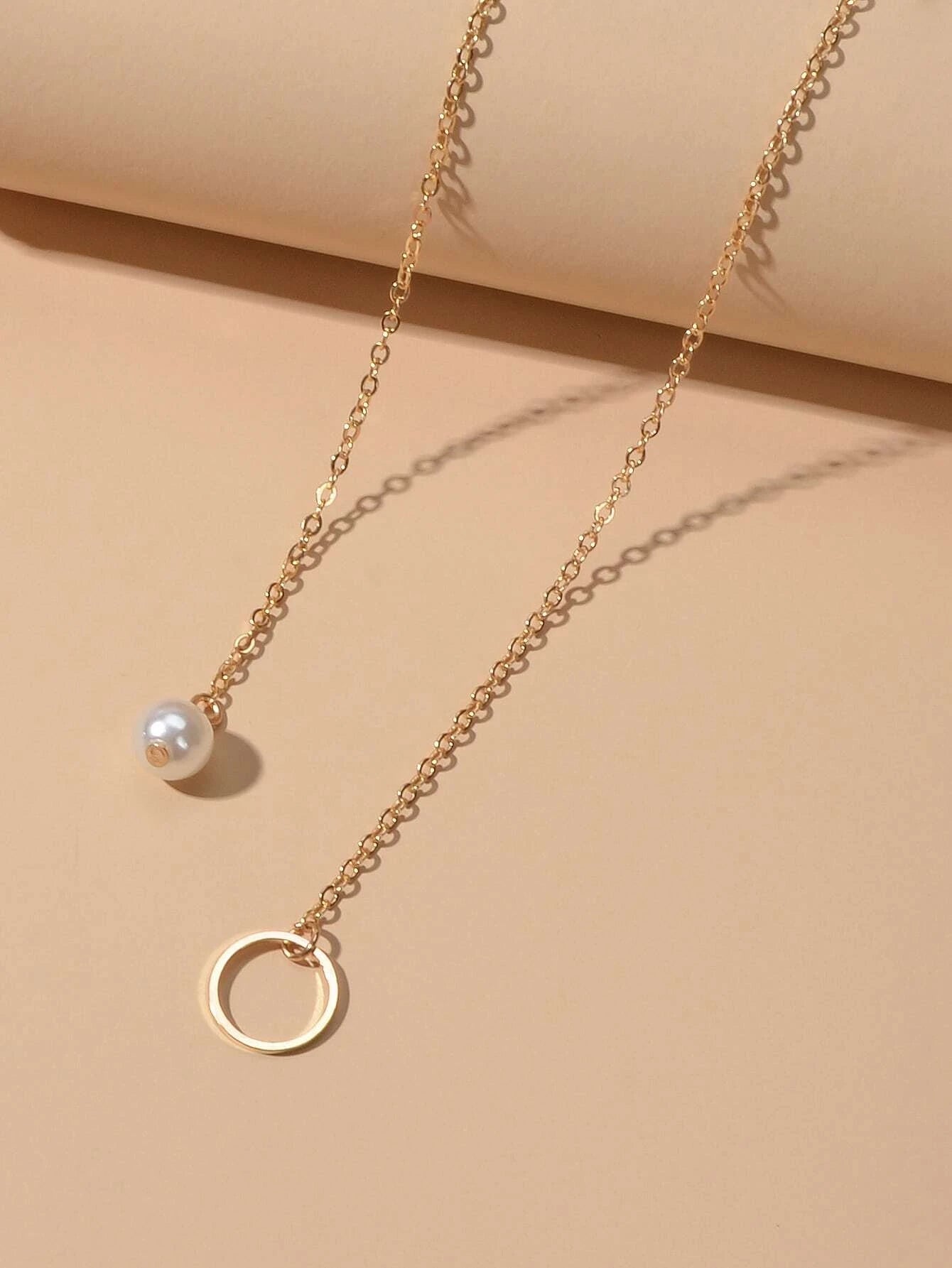 Fashion Gold Silver Chain Faux Pearl Decor Simple Lariat Necklace Women Jewelry-3