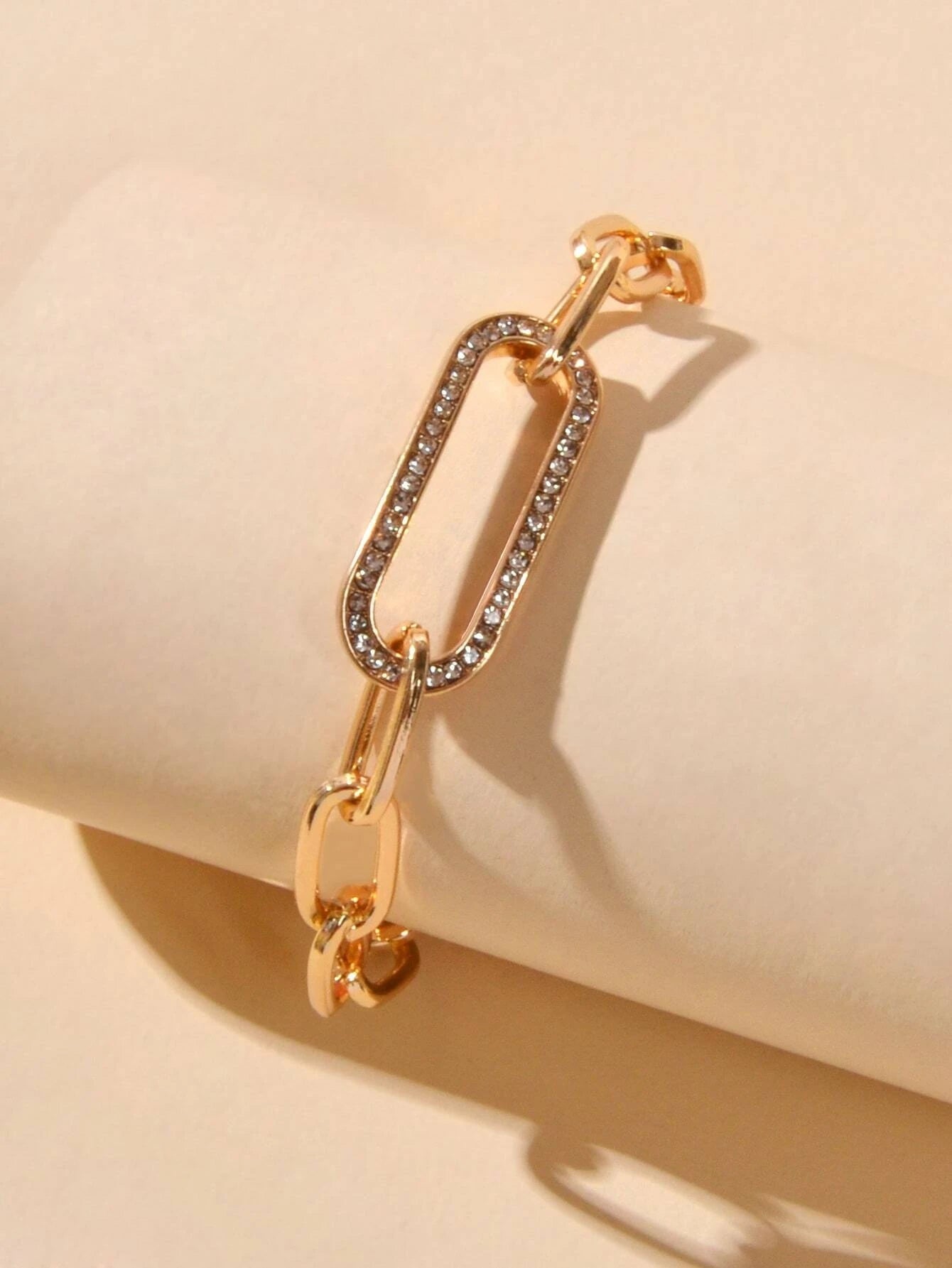Rhinestone Decor Geometric Gold Chunky Solid Chain Bracelet Women Teens Jewelry-3