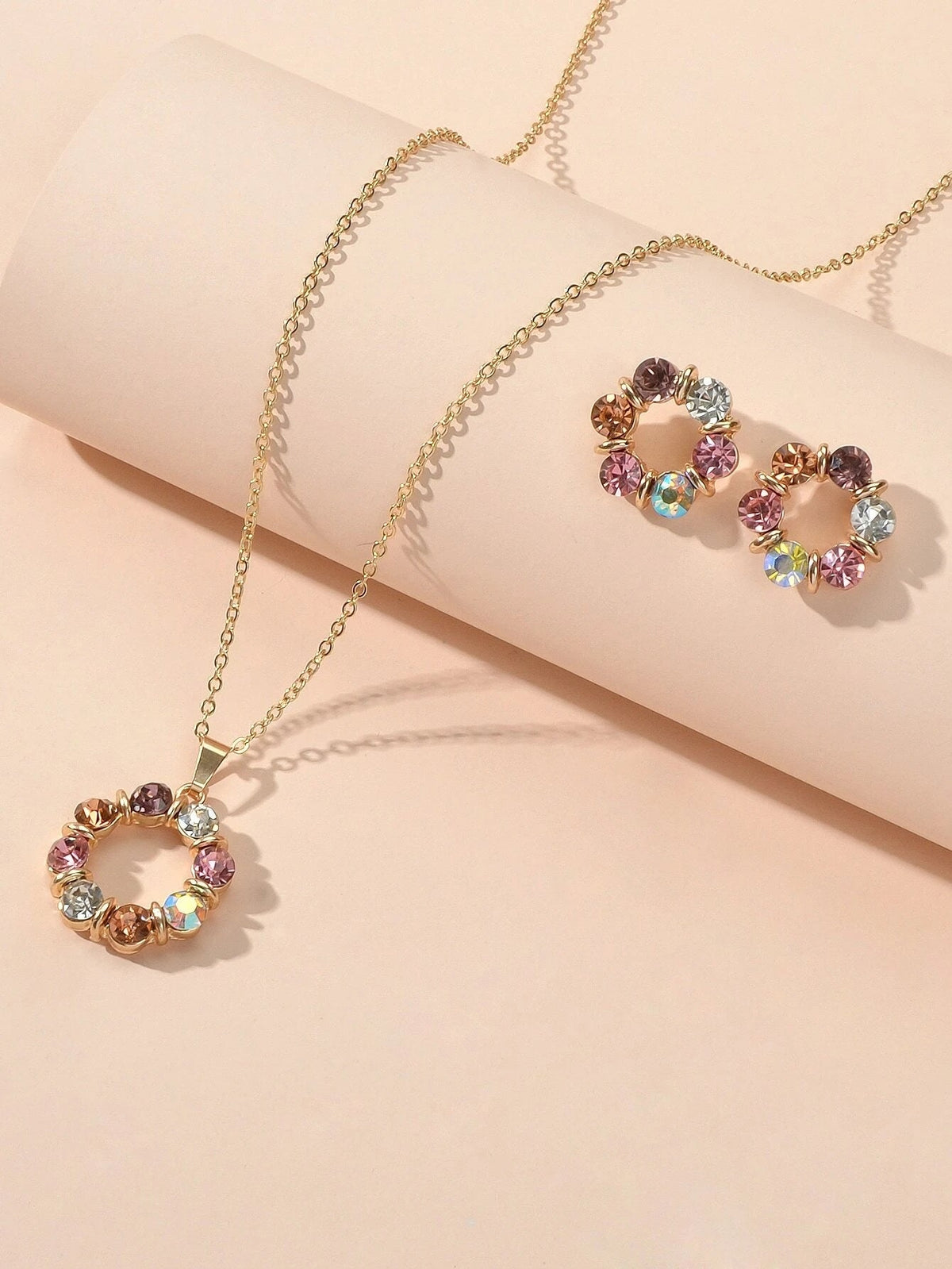 Colourful Rhinestone Flower Jewellry Set Round Charm Necklace Girl Stud Earrings-3
