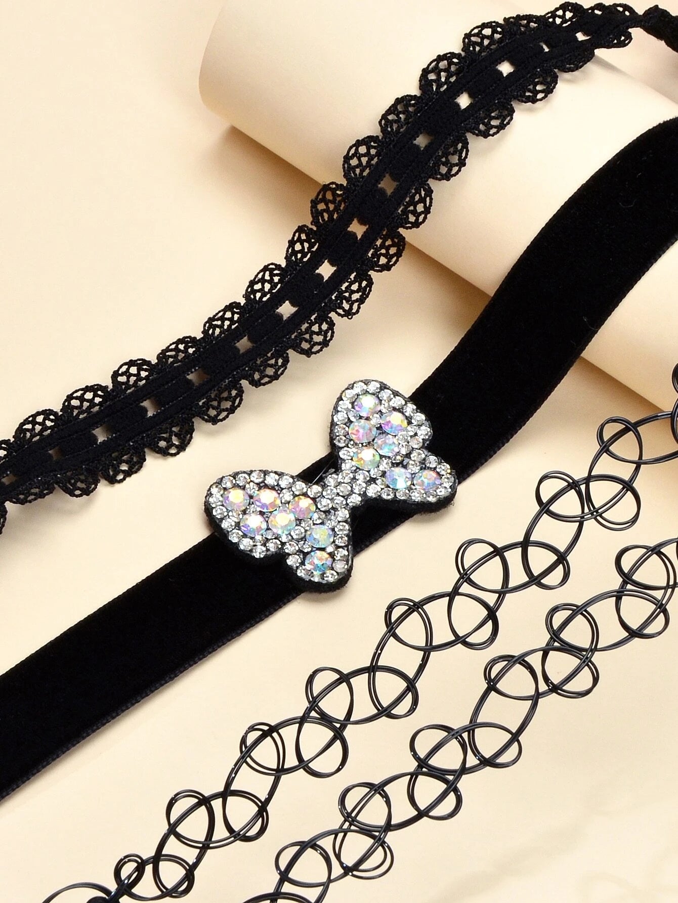 Black Elastic Rhinestone 3pcs Lace Flower Bow Velvet Boho Punk 90s Tattoo Choker-3