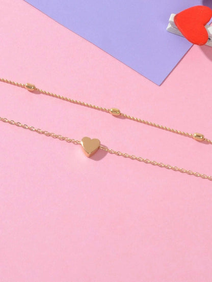 Double Layer Gold Chain Heart Charm Necklace Triangle Stud Earrings Jewelry Set-4