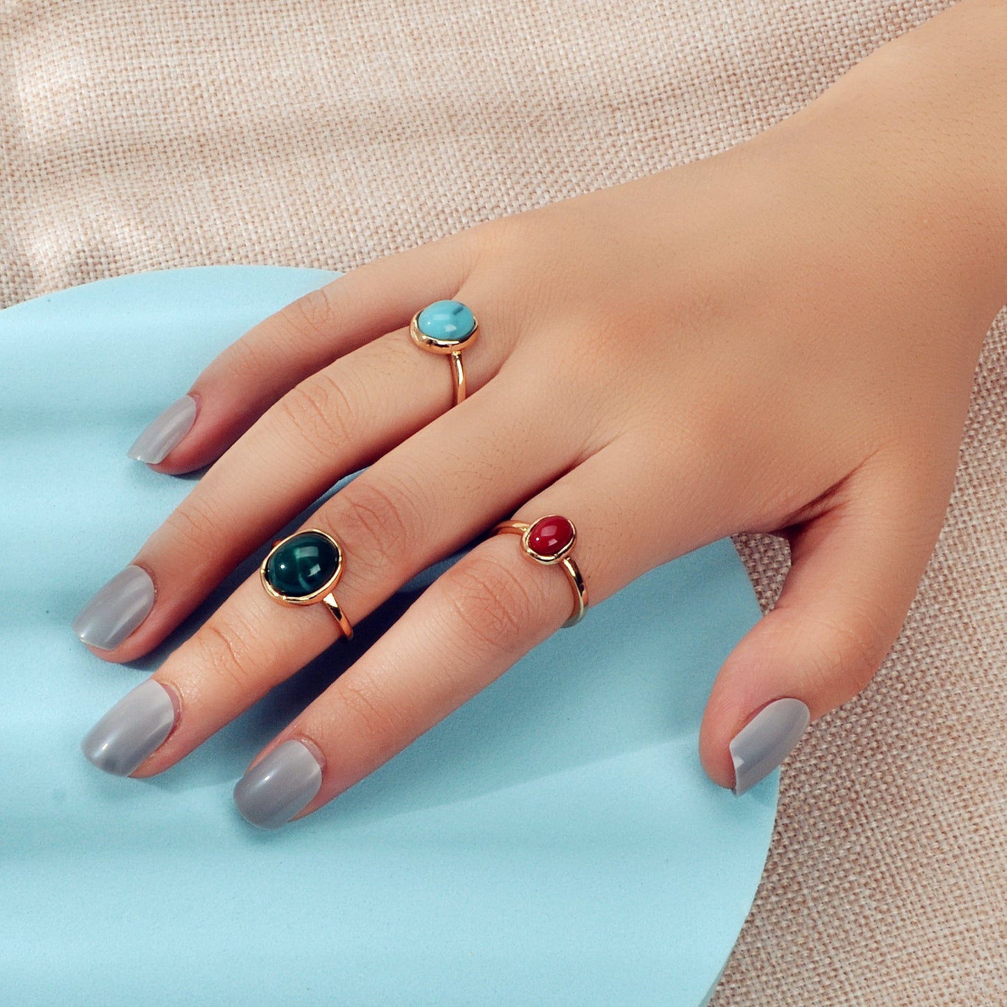 Feelontop 3pcs Tribal Ethnic Turquoise Colorful Dome Finger Ring Boho Jewellery-0