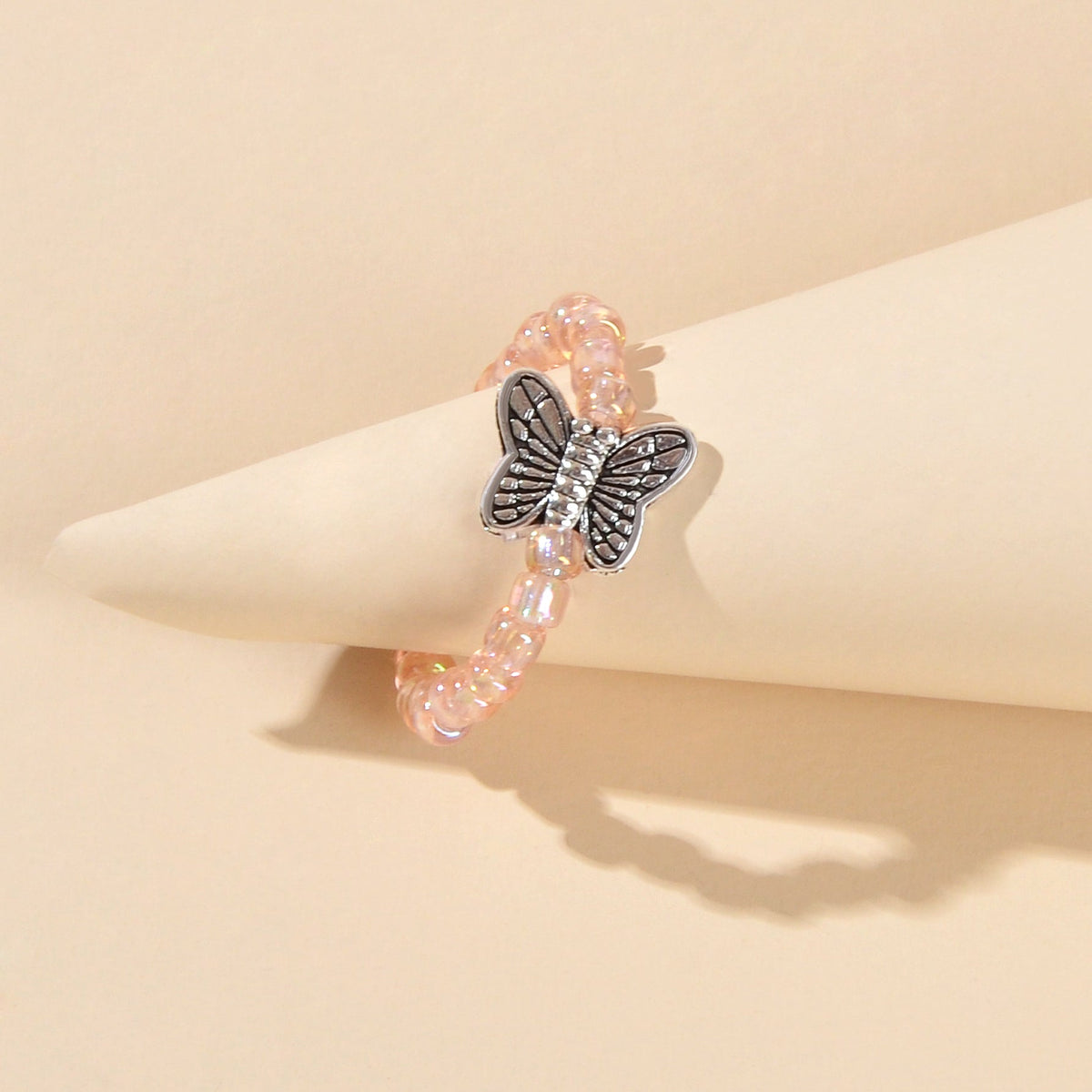 Handmade Beads Elastic Antique Silver Butterfly Finger Ring Party Decoration-3