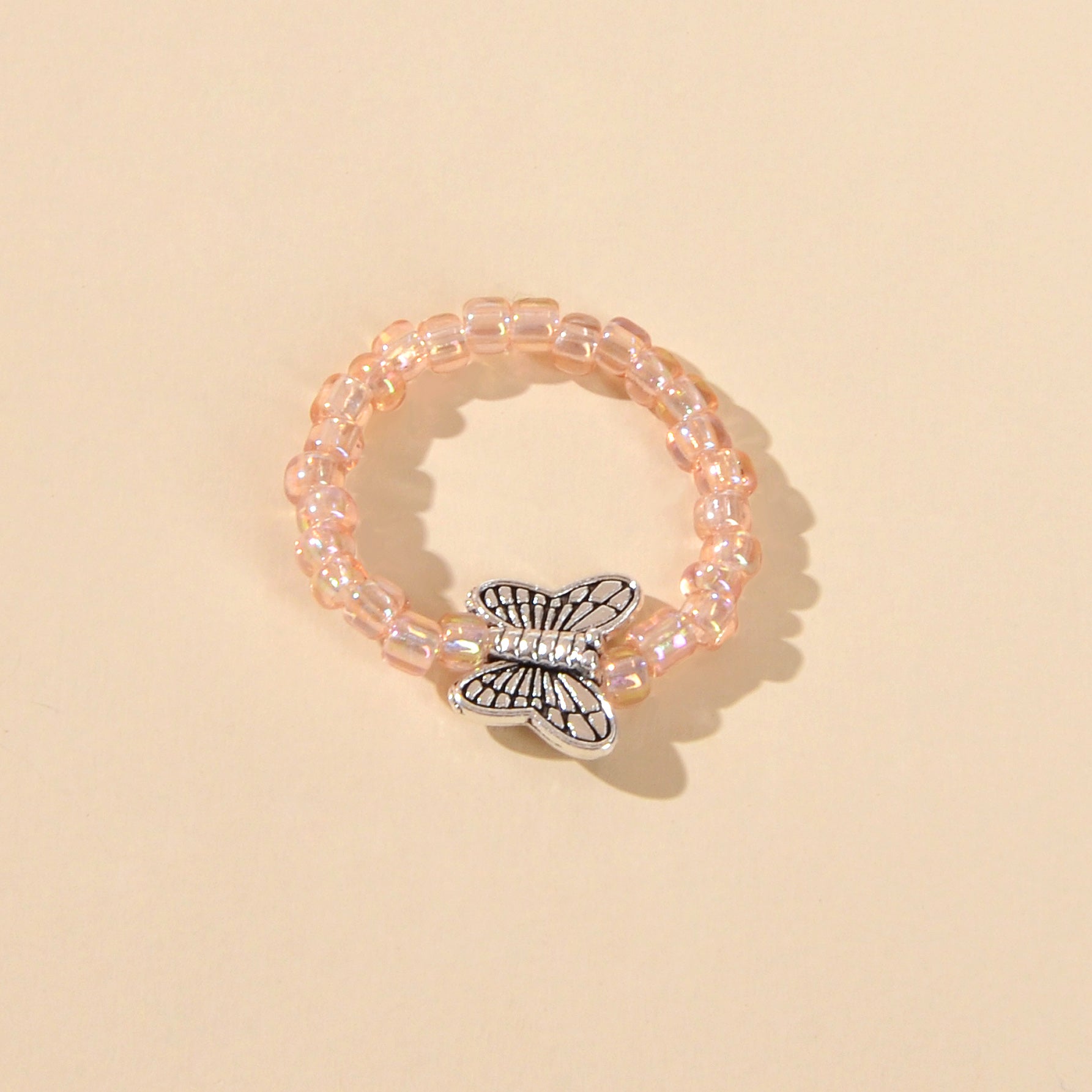 Handmade Beads Elastic Antique Silver Butterfly Finger Ring Party Decoration-4