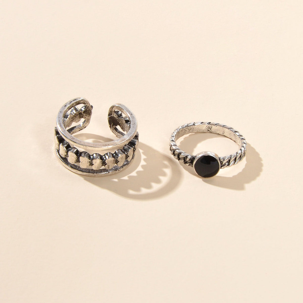 2pcs Oxidized Intricate Antique Silver Black Heart Stackable Multiple Ring Set-1