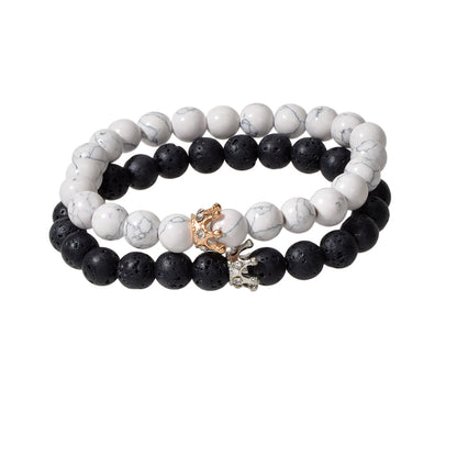 2pcs Crown Marble Lava Stone Beads Boho Ethnic Bracelet set Chunky Jewelry Gift-3