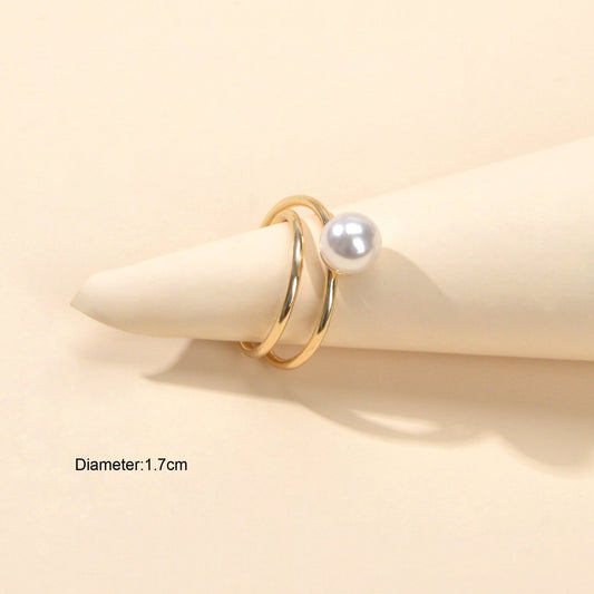 Perfect Engagement Jewelry Pearl Decor Metal Geometric Double layer Finger Ring-1