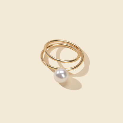 Perfect Engagement Jewelry Pearl Decor Metal Geometric Double layer Finger Ring-2