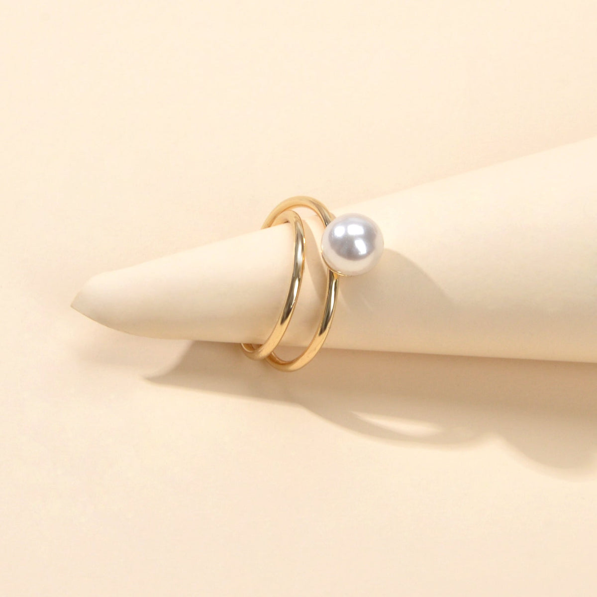 Perfect Engagement Jewelry Pearl Decor Metal Geometric Double layer Finger Ring-3