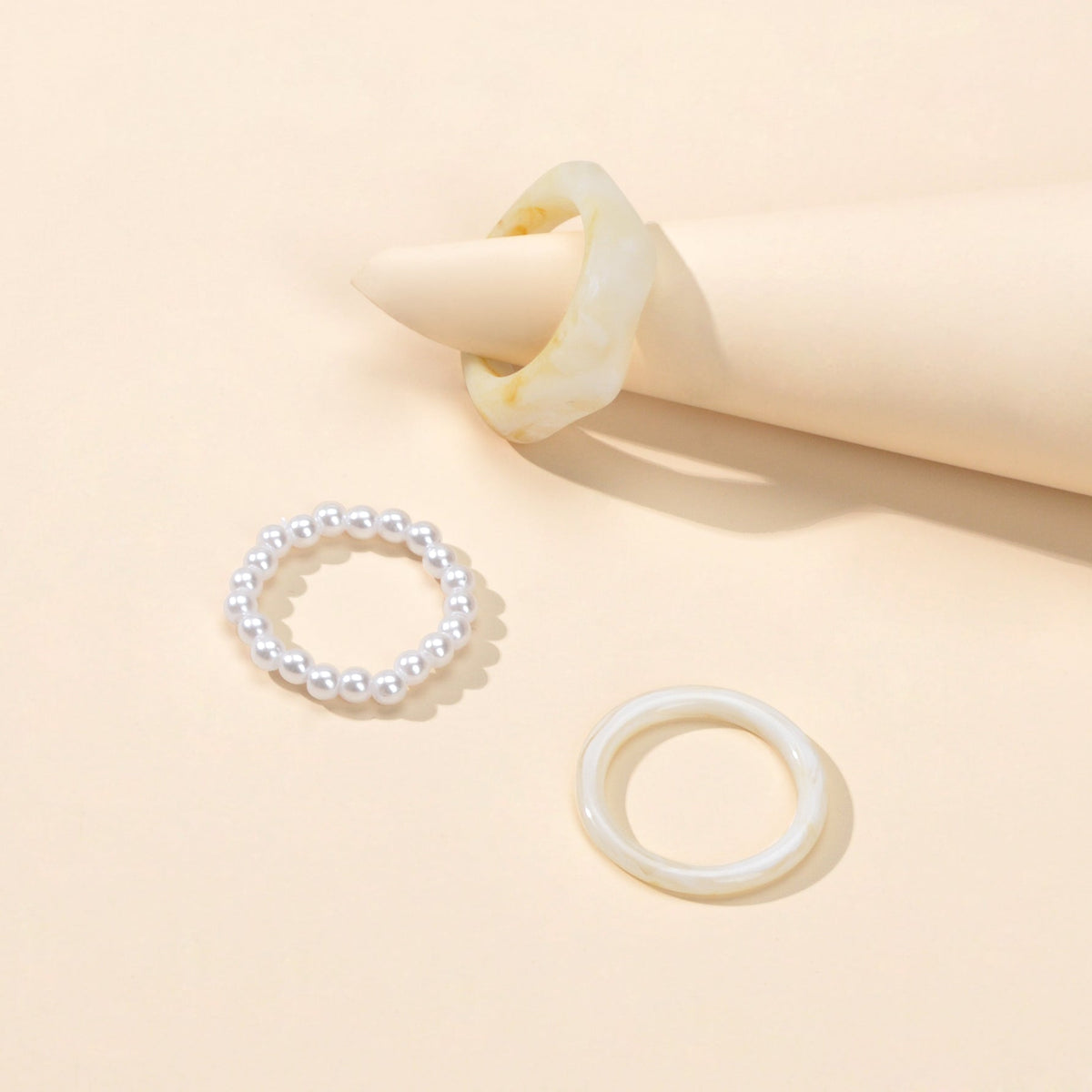 Multiple 3 pcs White Brown Resin Chunky Pearl Elastic Stackable Finger Ring Set-1