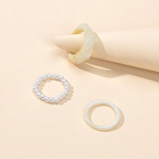 Multiple 3 pcs White Brown Resin Chunky Pearl Elastic Stackable Finger Ring Set-1