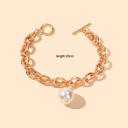 Punk Retro Pearl Beads Charm Crude Gold Link Bracelet Minimalist Ladies Jewelry-2