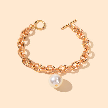 Punk Retro Pearl Beads Charm Crude Gold Link Bracelet Minimalist Ladies Jewelry-4