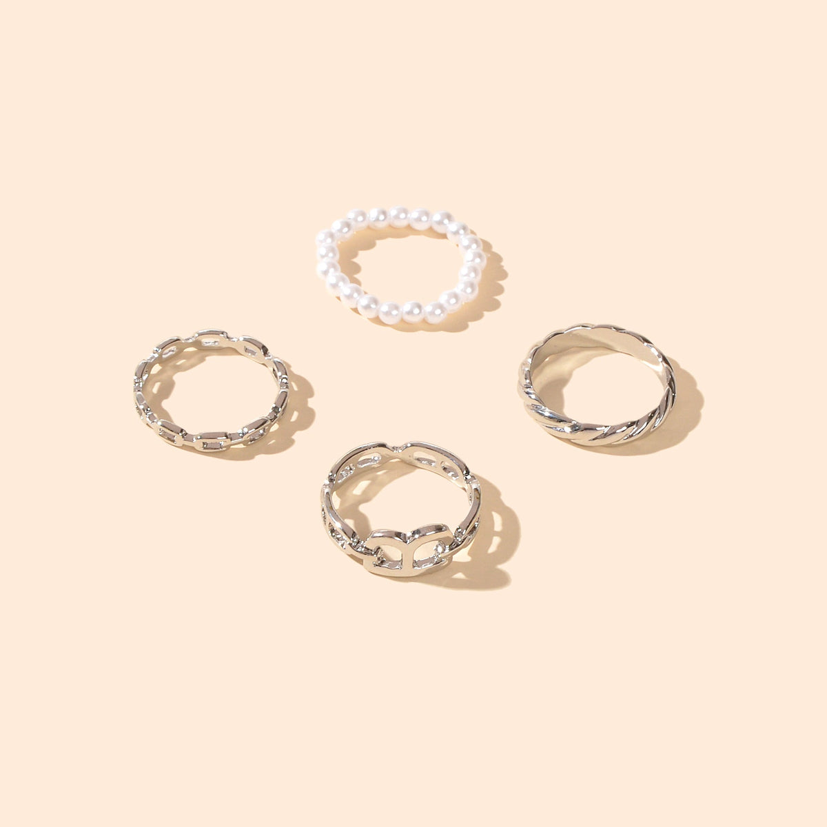 Multiple 4 pcs Elastic Pearl Silver Metal Knuckle Letter Midi Finger Rings Set-1