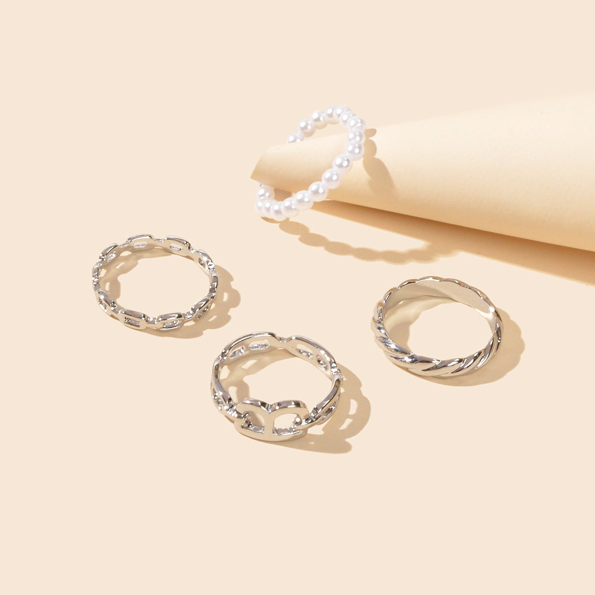 Multiple 4 pcs Elastic Pearl Silver Metal Knuckle Letter Midi Finger Rings Set-2