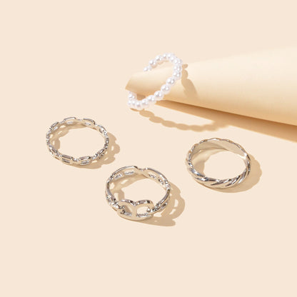 Multiple 4 pcs Elastic Pearl Silver Metal Knuckle Letter Midi Finger Rings Set-2