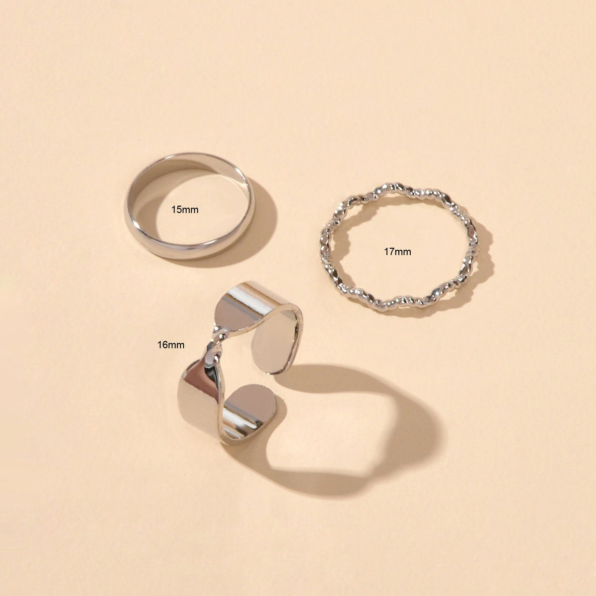 3 pcs Silver Colour Stackable Multiple Geometric Midi Cool Punk Open Cuff Rings-1