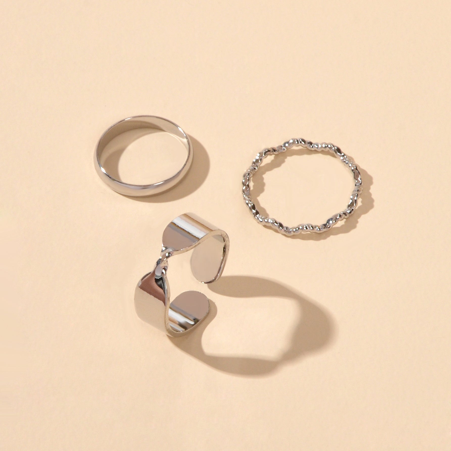 3 pcs Silver Colour Stackable Multiple Geometric Midi Cool Punk Open Cuff Rings-2