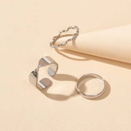 3 pcs Silver Colour Stackable Multiple Geometric Midi Cool Punk Open Cuff Rings-3