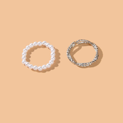Retro Multiple 2 pcs Pearl Elastic Silver Metal Minimalist Stackable Rings Set-1