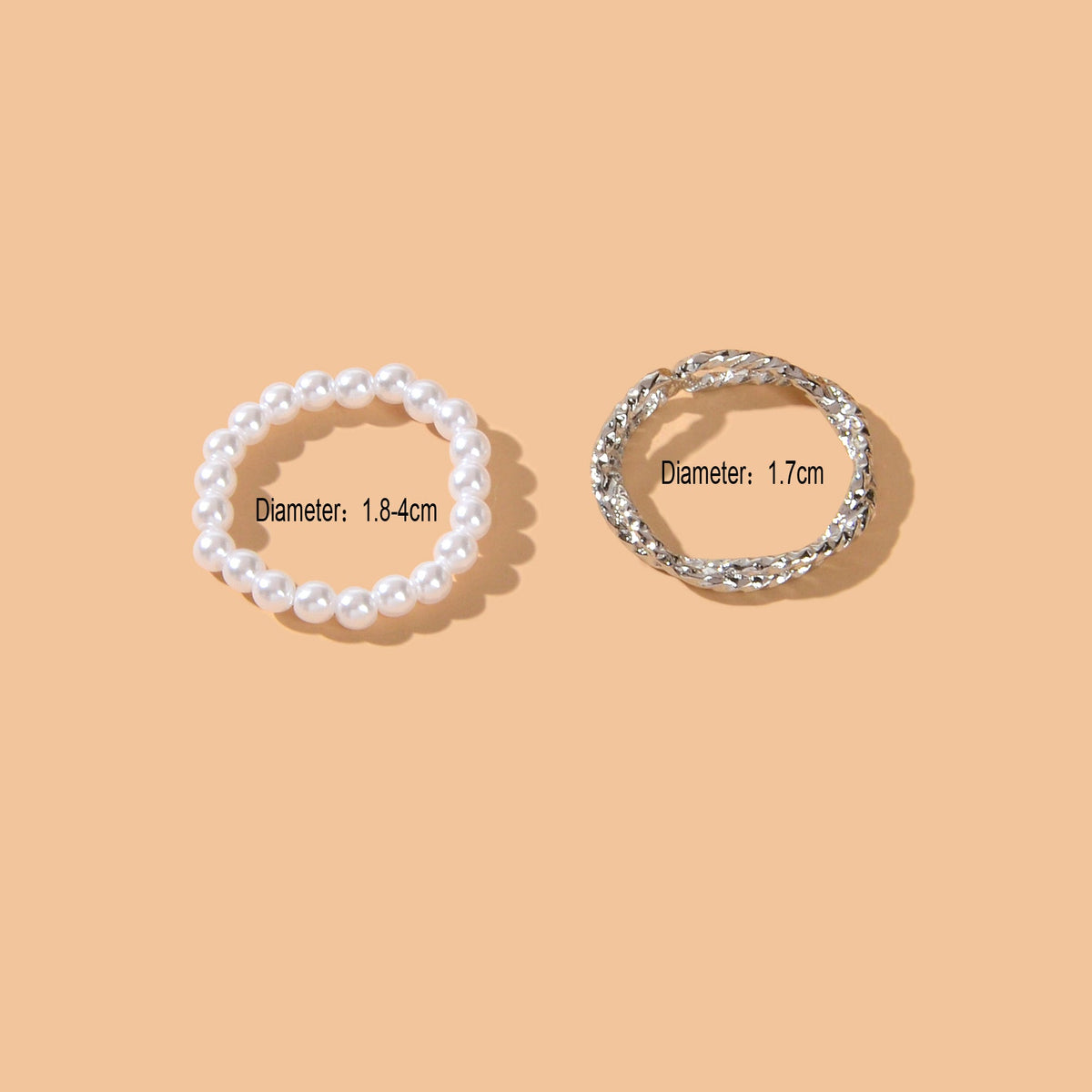 Retro Multiple 2 pcs Pearl Elastic Silver Metal Minimalist Stackable Rings Set-3