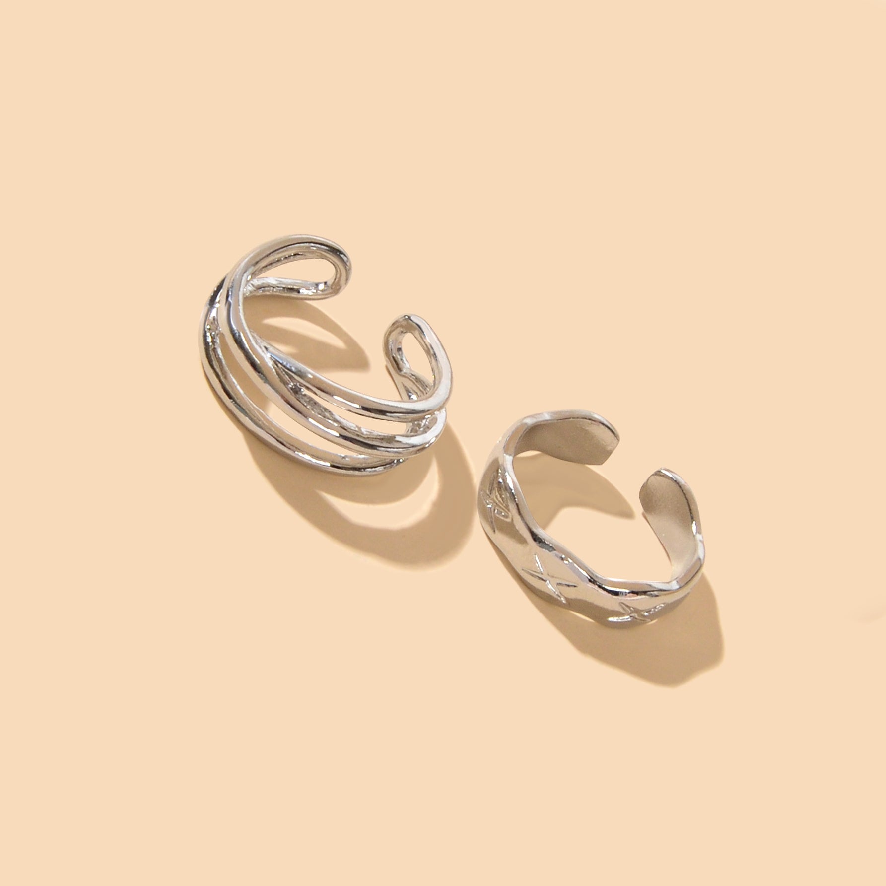 Statement Punk 2 pcs Silver Metal Geometric Multiple Stackable Midi Rings Set-1