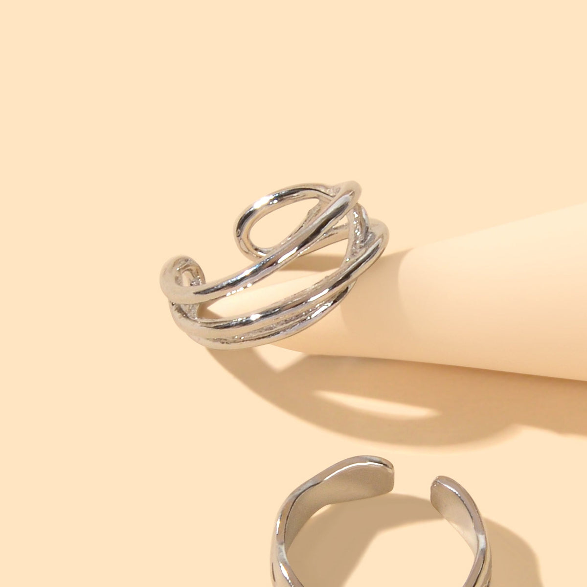 Statement Punk 2 pcs Silver Metal Geometric Multiple Stackable Midi Rings Set-3