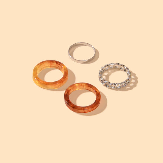 Unique 4 pcs Brown Resin Silver Metal Geometric Stackable Multiple Midi Ring Set-1