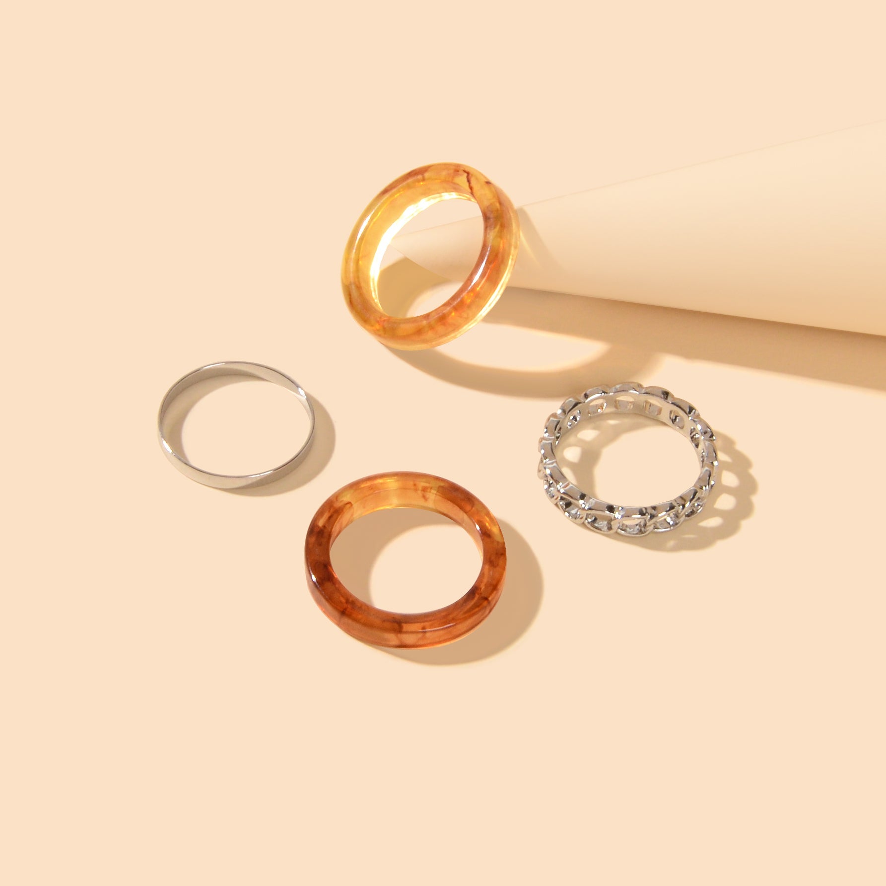 Unique 4 pcs Brown Resin Silver Metal Geometric Stackable Multiple Midi Ring Set-3